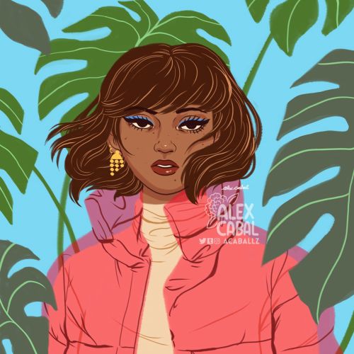 Stylistic woman with plants background
