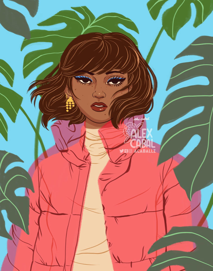 Stylistic woman with plants background
