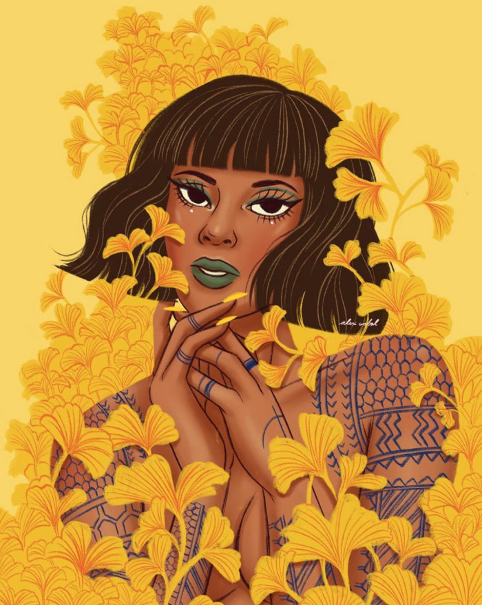 mujer decorativa con flores amarillas