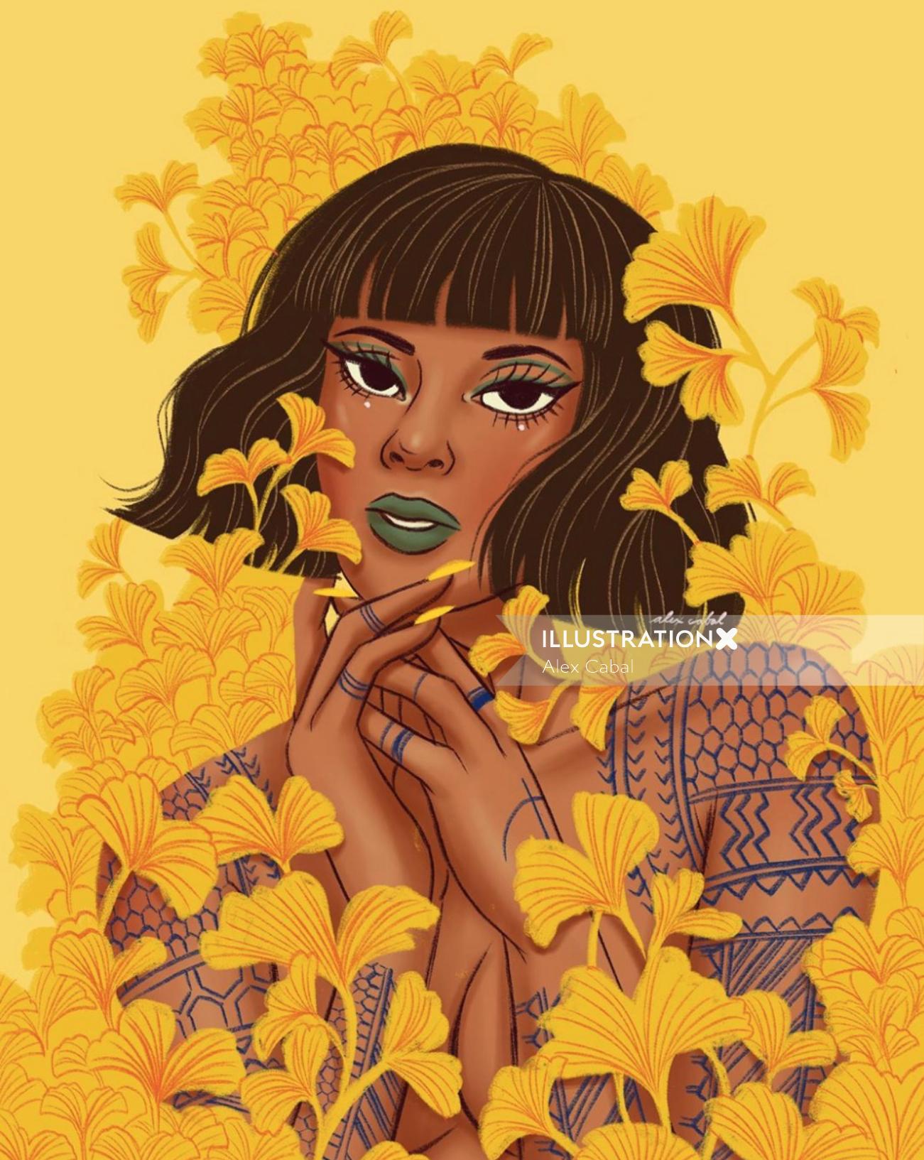 黄色い花を持つ装飾的な女性