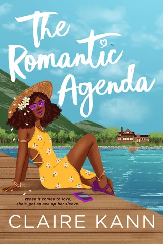 Book cover of The Romantic Agenda by Claire Kann showing a woman sitting by a lake, illustration by 
