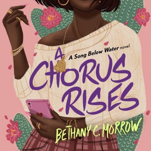 Book cover of A Chorus Rises featuring a woman holding a phone, art by Alex Cabal