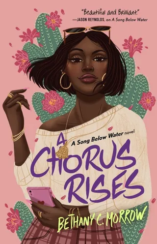 Book cover of A Chorus Rises featuring a woman holding a phone, art by Alex Cabal