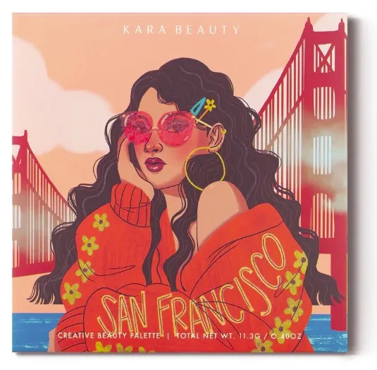 Woman with red glasses and Golden Gate Bridge in background by Alex Cabal