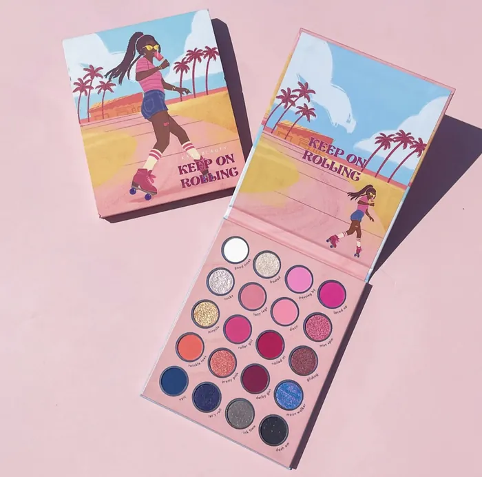Eyeshadow palette with roller skating art and pink, blue, and neutral tones by Alex Cabal
