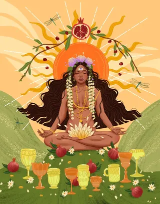 Meditative woman surrounded by pomegranates and glassware, artwork by Alex Cabal