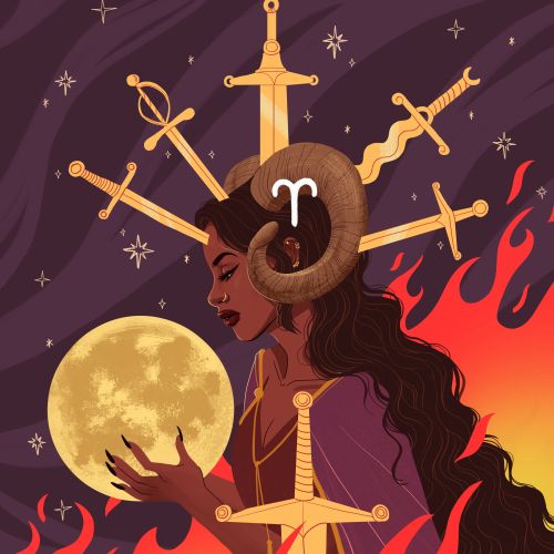 Woman with Aries horns holding the moon surrounded by swords and flames by Alex Cabal