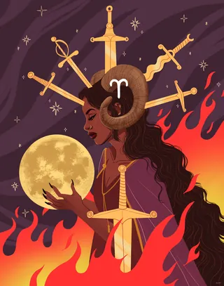 Woman with Aries horns holding the moon surrounded by swords and flames by Alex Cabal