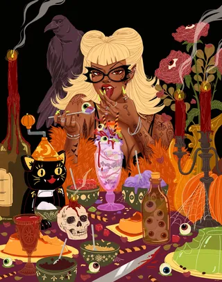 Witch with glasses and black cat at Halloween table by Alex Cabal