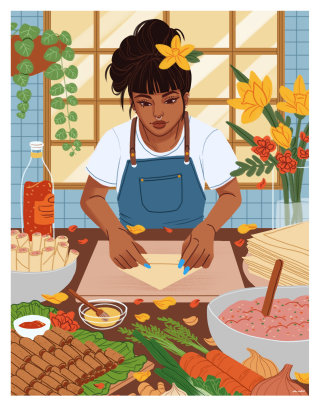 Arte de preparação de alimentos feita por um ilustrador de livros de ensino médio