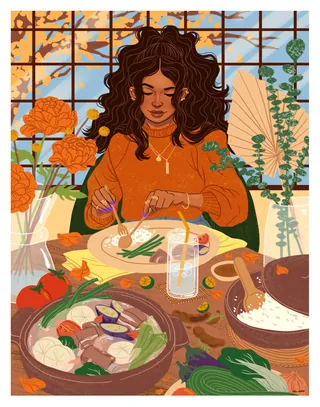 Woman preparing a meal with vegetables and rice at a table by Alex Cabal