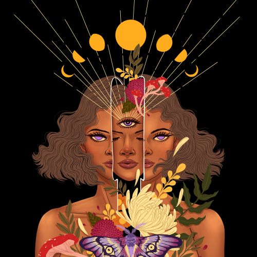 Surreal three-eyed woman with flowers, butterfly, and glowing brain by Alex Cabal