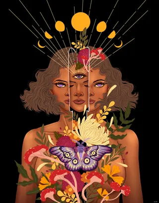 Surreal three-eyed woman with flowers, butterfly, and glowing brain by Alex Cabal