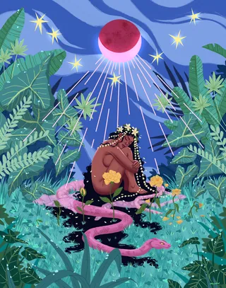 Woman with flower crown sitting near pink snake under red moon by Alex Cabal