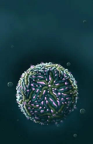 3D rendering of influenza virus particle with visible surface proteins by Alex Webber