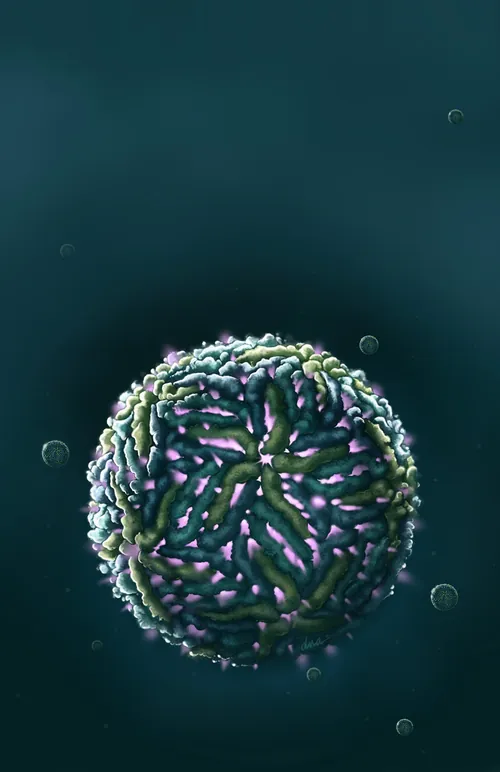 3D rendering of influenza virus particle with visible surface proteins by Alex Webber
