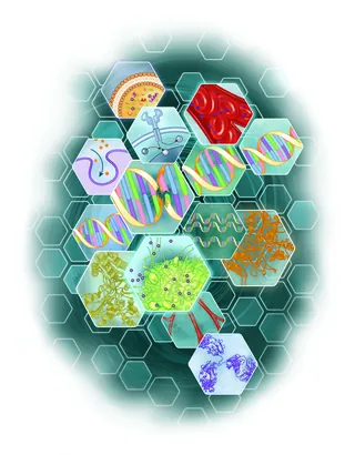 Hexagonal cells with DNA strands and molecular structures by Alex Webber