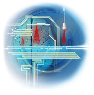 Illustration of brain with digital neural signals and red pulses by Alex Webber