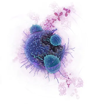 Detailed virus particles with textured surfaces and surrounding molecules by Alex Webber