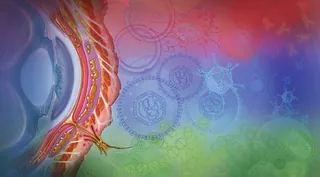 Abstract illustration of viruses interacting with cells in vibrant colors