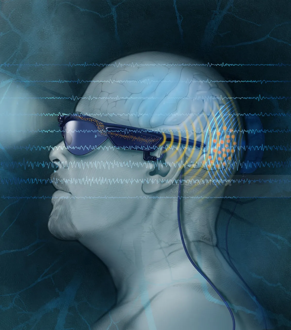 EEG headset on side profile with active brain signals