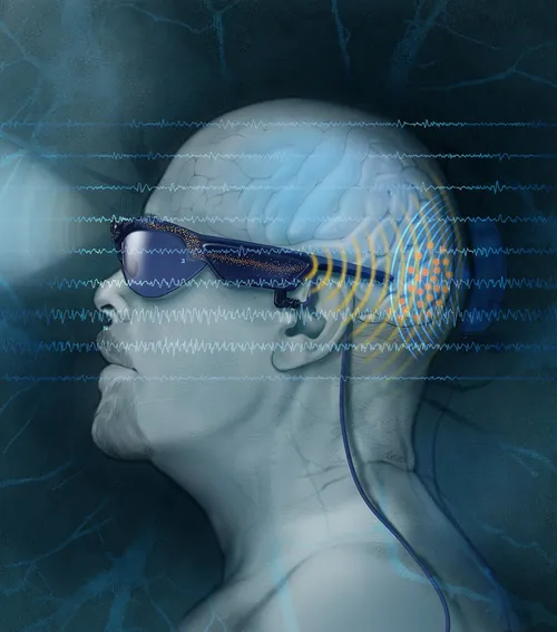 EEG headset on side profile with active brain signals