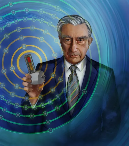 Portrait of scientist holding device with circular patterns by Alex Webber