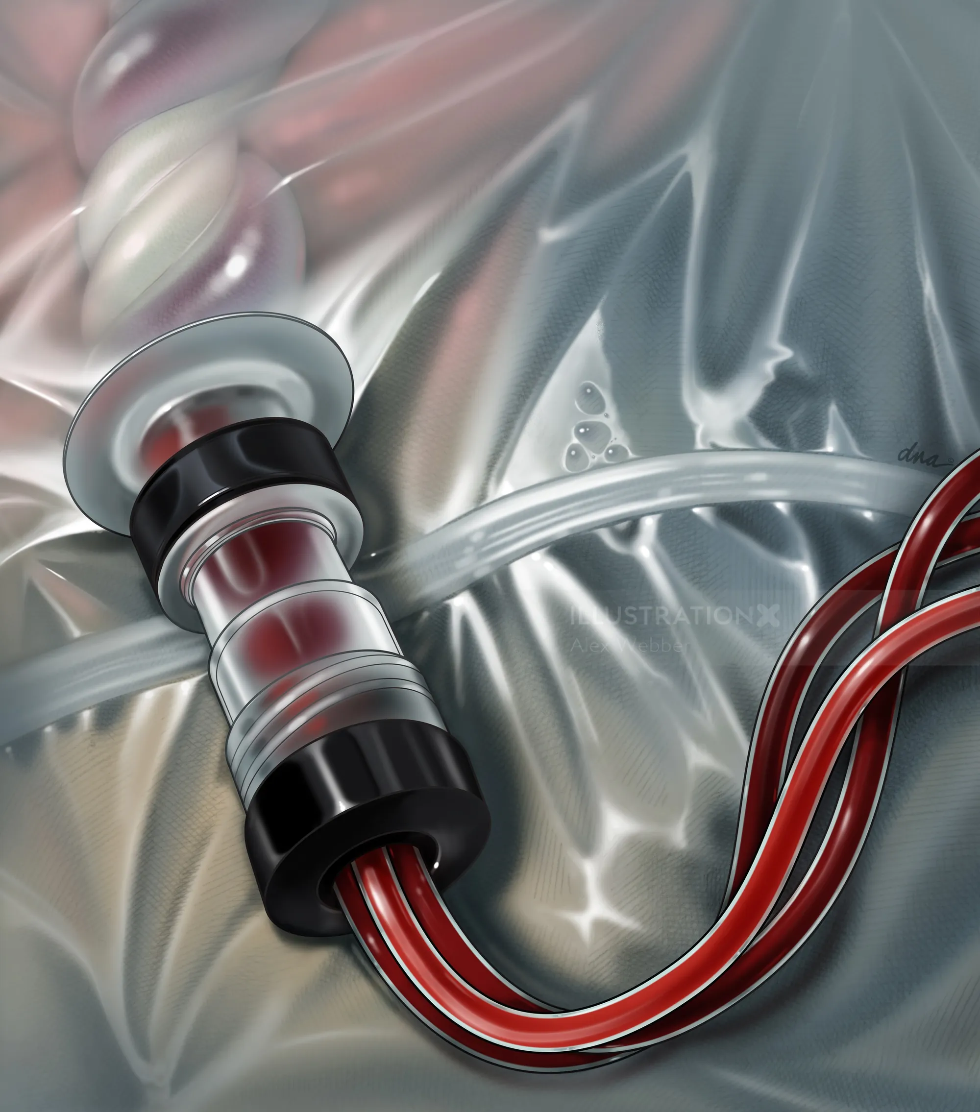 Close-up of medical blood tubing with red fluid and transparent surface by Alex Webber