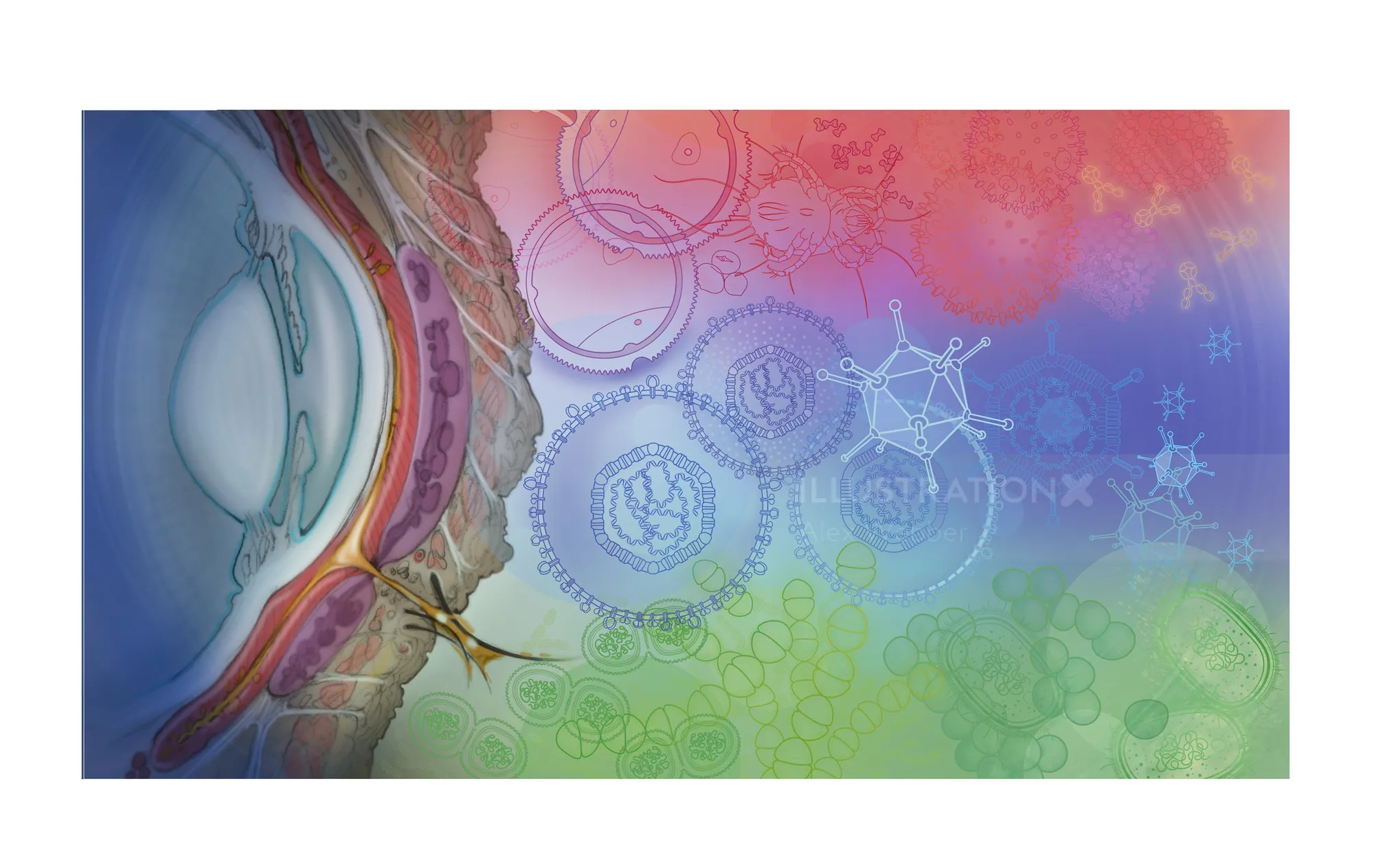 Abstract cosmic landscape with colorful shapes and symbols by Alex Webber