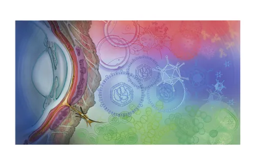 Abstract cosmic landscape with colorful shapes and symbols by Alex Webber