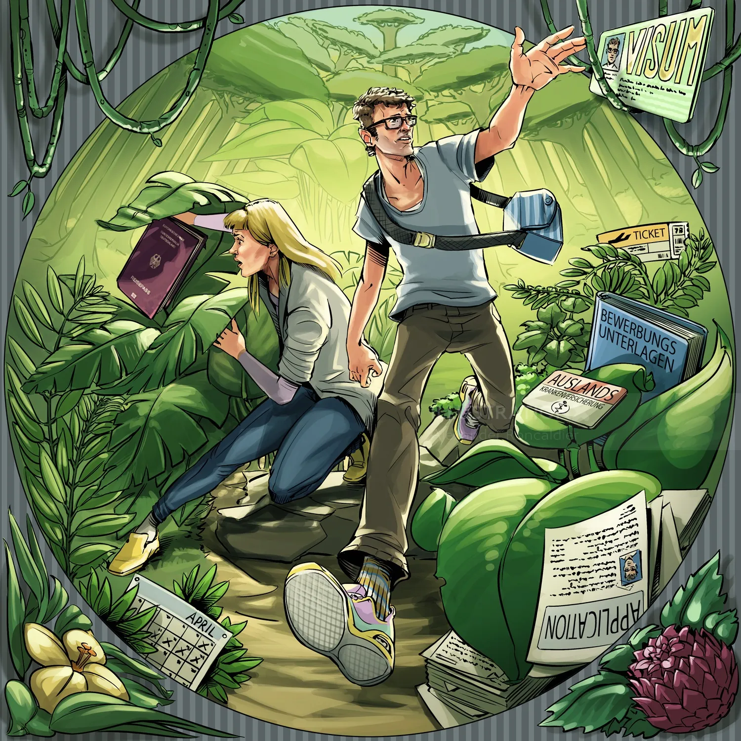 Two explorers in lush jungle cave surrounded by signs and papers by Alexander Roncaldier