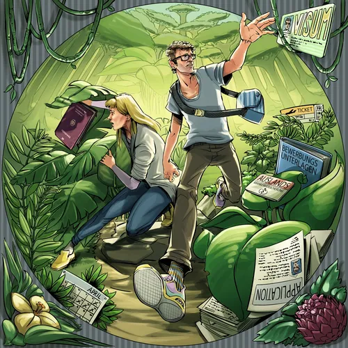 Two explorers in lush jungle cave surrounded by signs and papers by Alexander Roncaldier