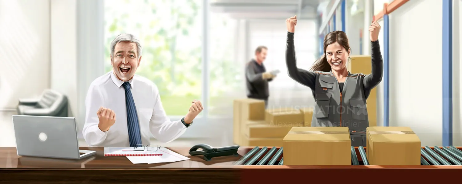 Two office workers celebrating success with raised fists in office, by Alexander Roncaldier