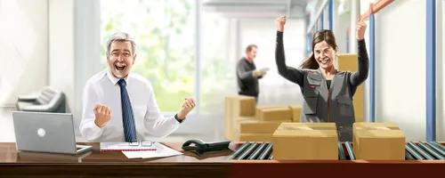 Two office workers celebrating success with raised fists in office, by Alexander Roncaldier