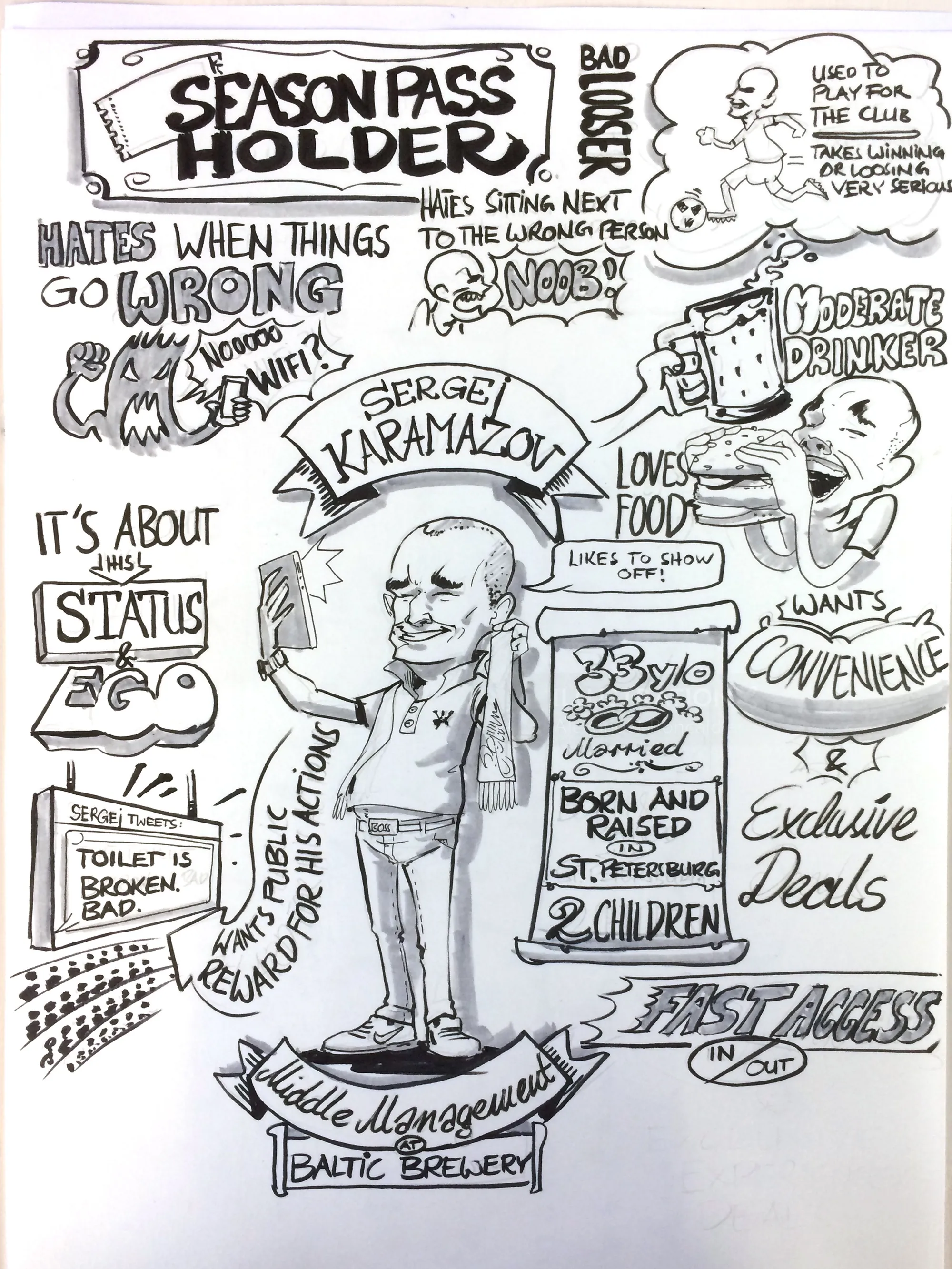 Cartoon of Sergei Karamazov as season pass holder with satirical signs by Alexander Roncaldier