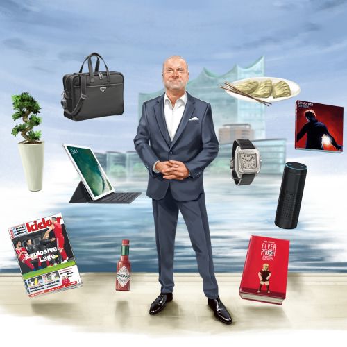 Man in suit with luxury items including watch, bag, book, and tech by Alexander Roncaldier