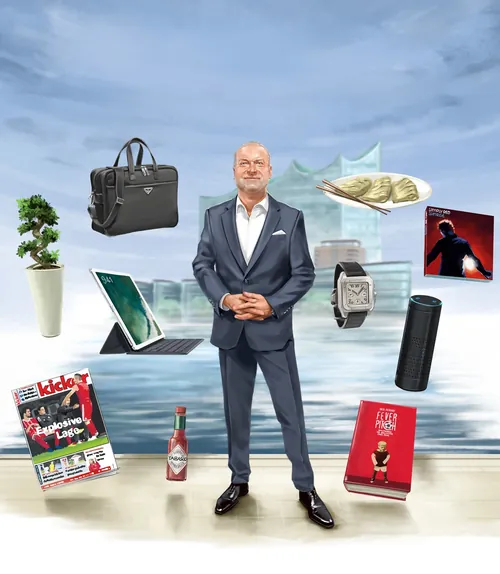 Man in suit with luxury items including watch, bag, book, and tech by Alexander Roncaldier