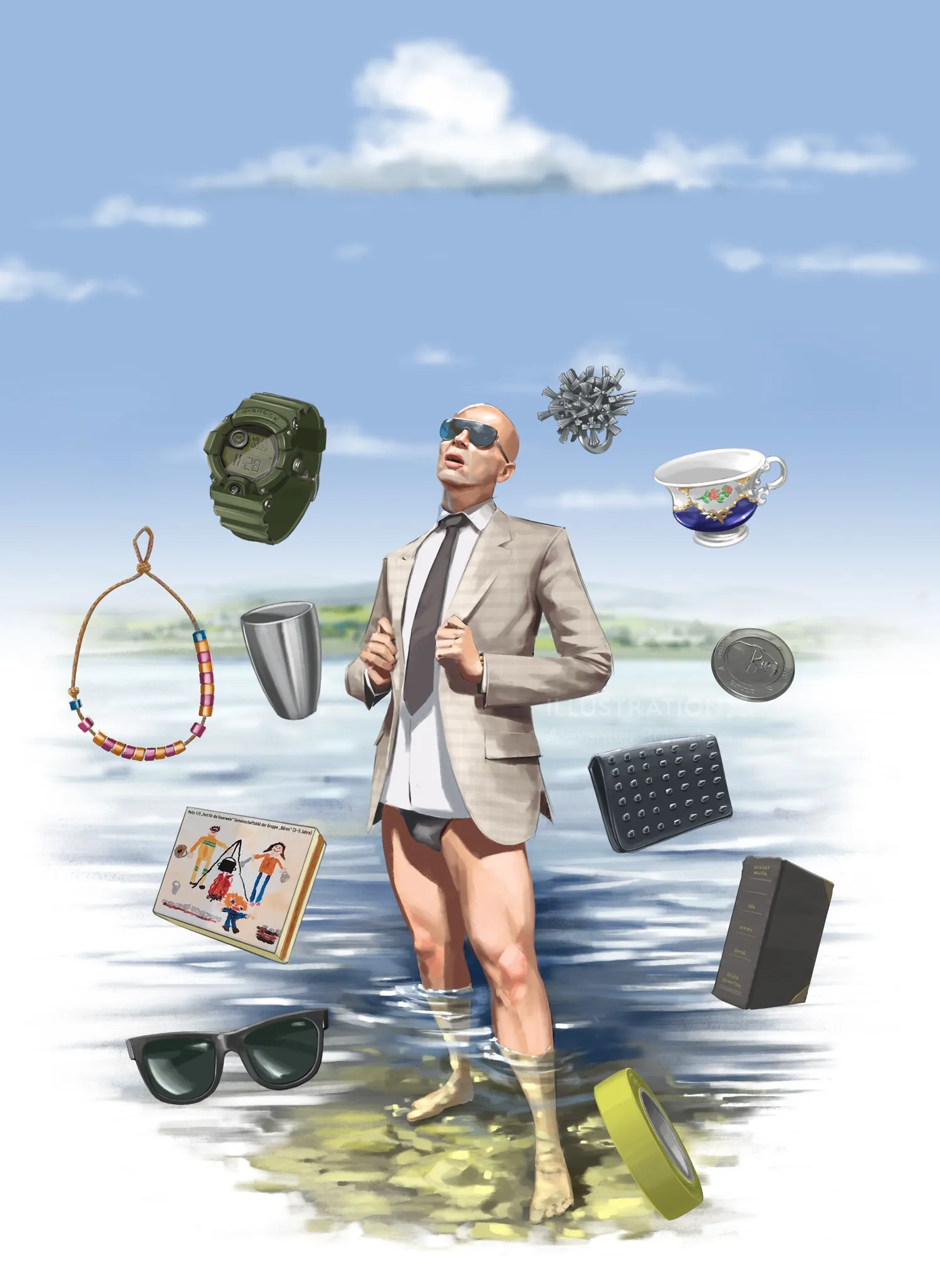 Man in blazer, shorts, and sunglasses standing in water with floating objects by Alexander Roncaldie