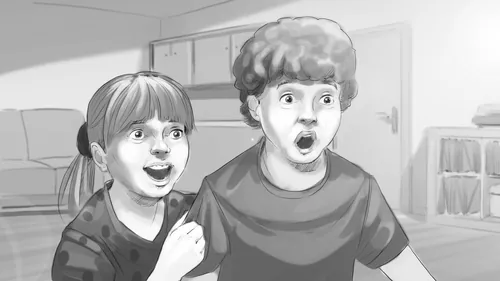 Two excited children reacting with surprise in a living room by Alexander Roncaldier