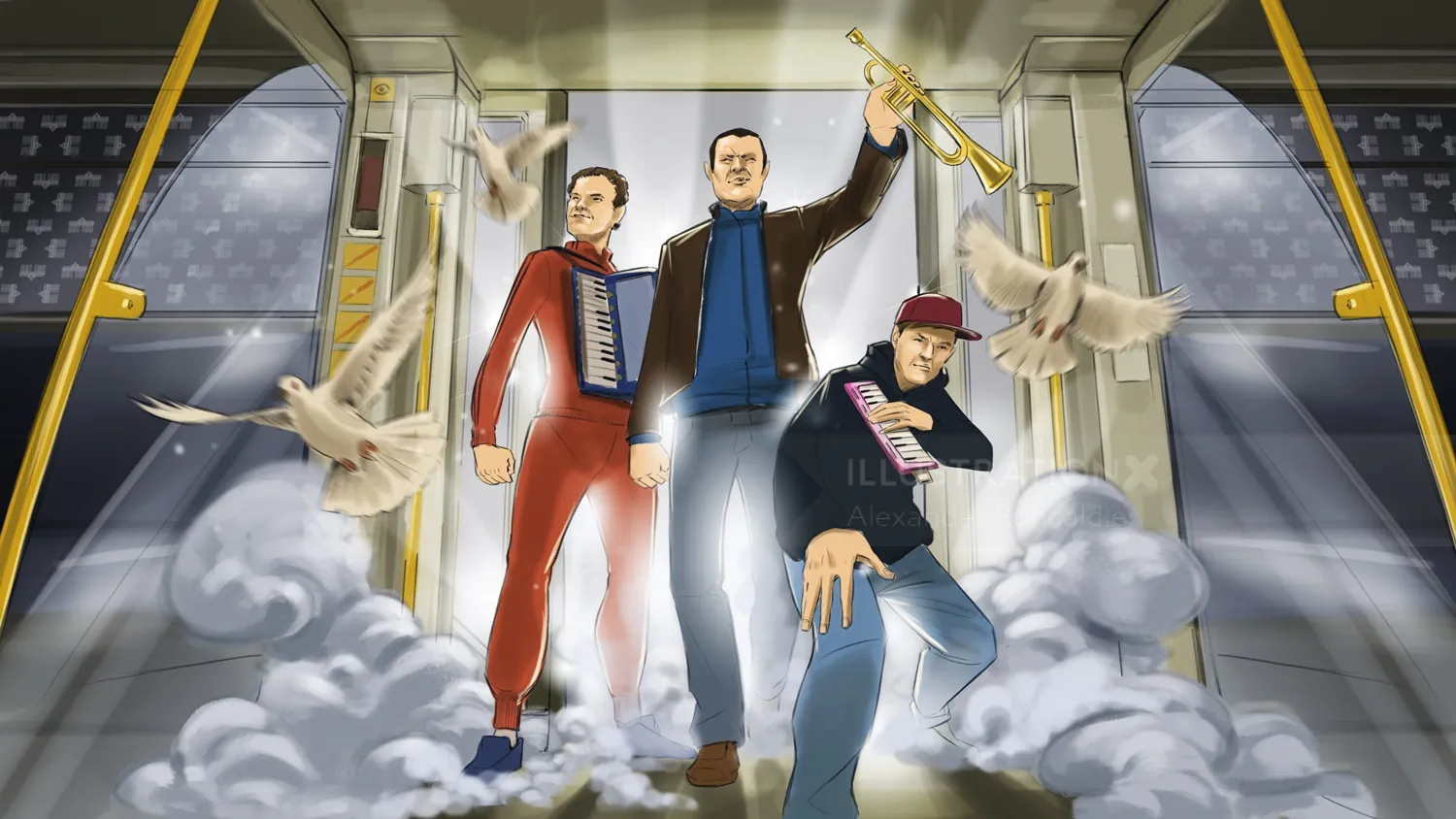 Three men breaking out of subway with instruments and doves by Alexander Roncaldier