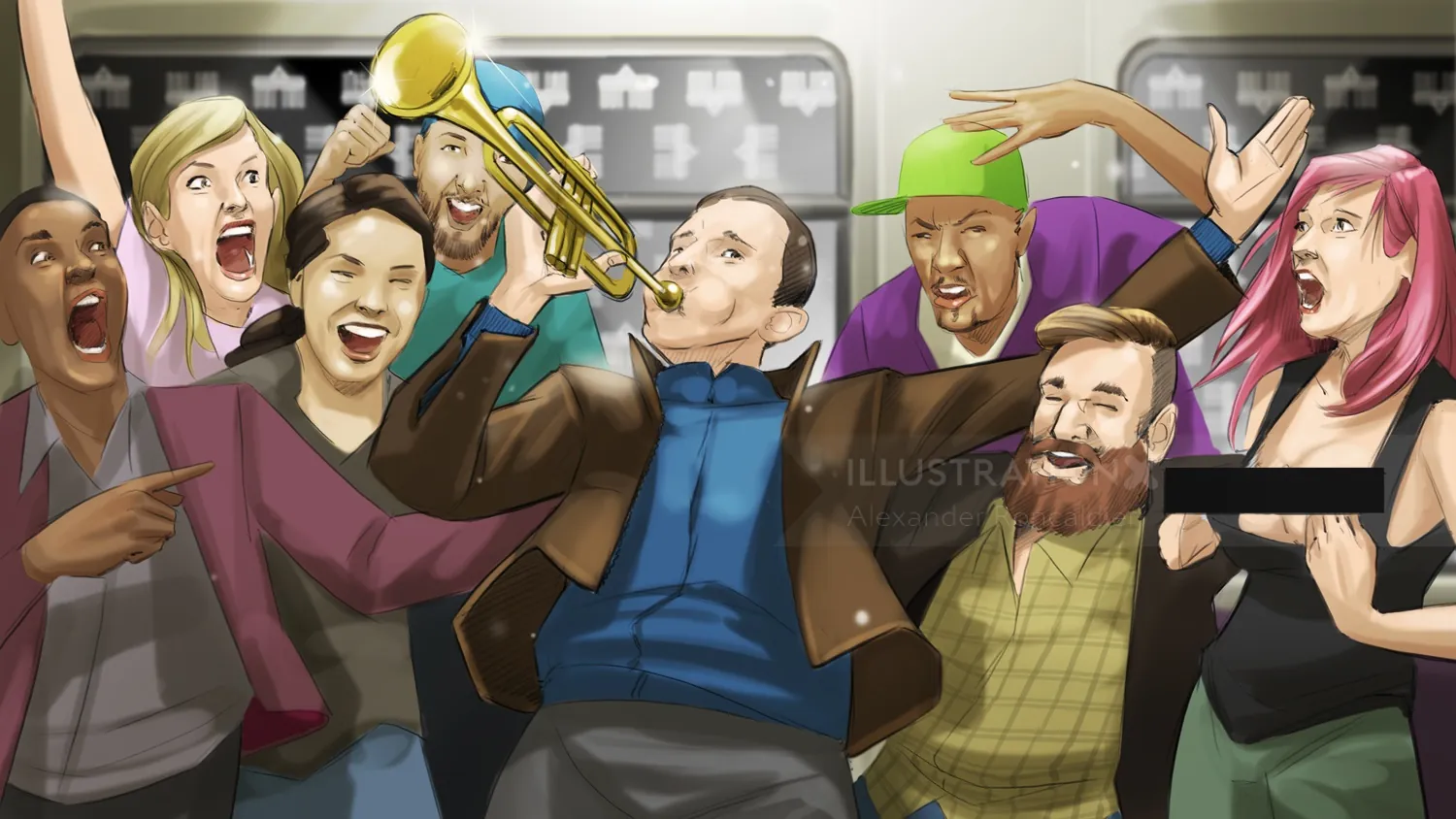 Group of friends celebrating joyfully in subway, vibrant illustration by Alexander Roncaldier