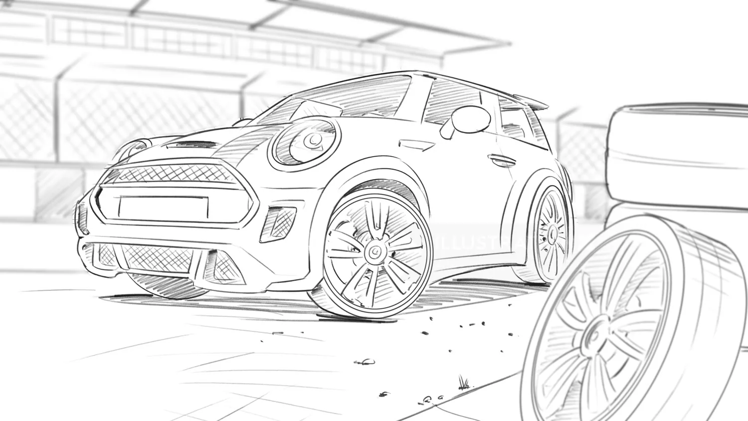 Black and white car sketch in garage by Alexander Roncaldier