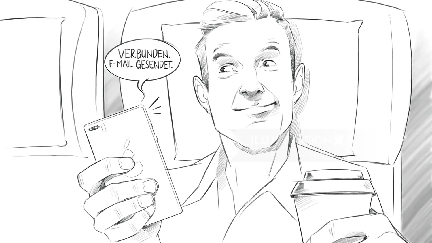 Sketch of man holding smartphone and coffee cup, speech bubble, by Alexander Roncaldier