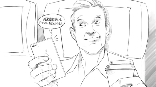 Sketch of man holding smartphone and coffee cup, speech bubble, by Alexander Roncaldier