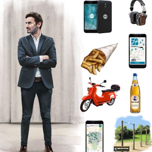 Man in suit standing with illustrations of phone, scooter, fries, and headphones by Alexander Roncal