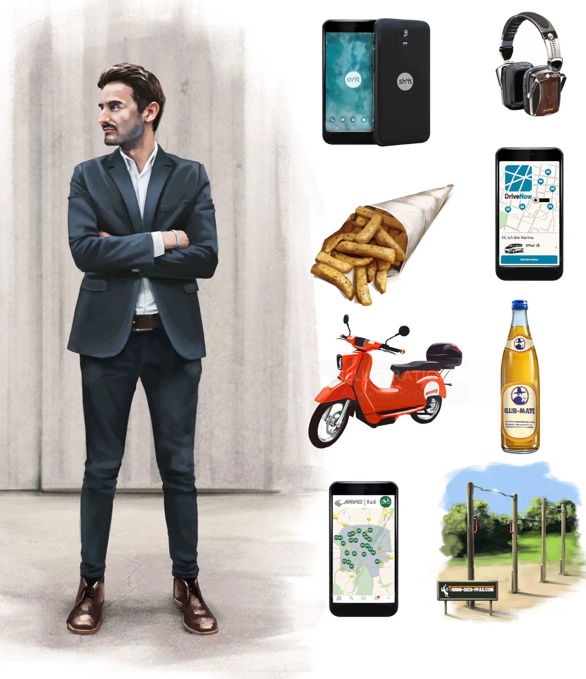 Man in suit standing with illustrations of phone, scooter, fries, and headphones by Alexander Roncal