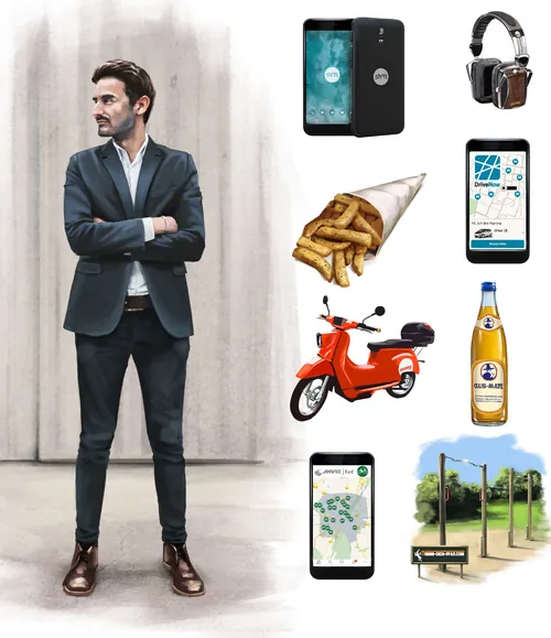 Man in suit standing with illustrations of phone, scooter, fries, and headphones by Alexander Roncal
