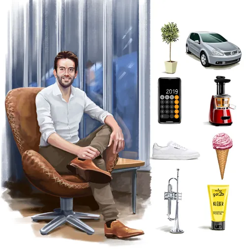 Portrait of a man sitting near a car, sneakers, trumpet, ice cream, and other items by Alexander Ron