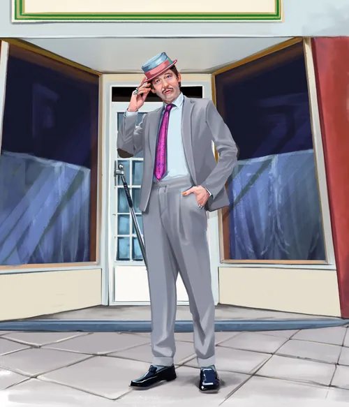 Man in gray suit and purple tie adjusting hat by Alexander Roncaldier
