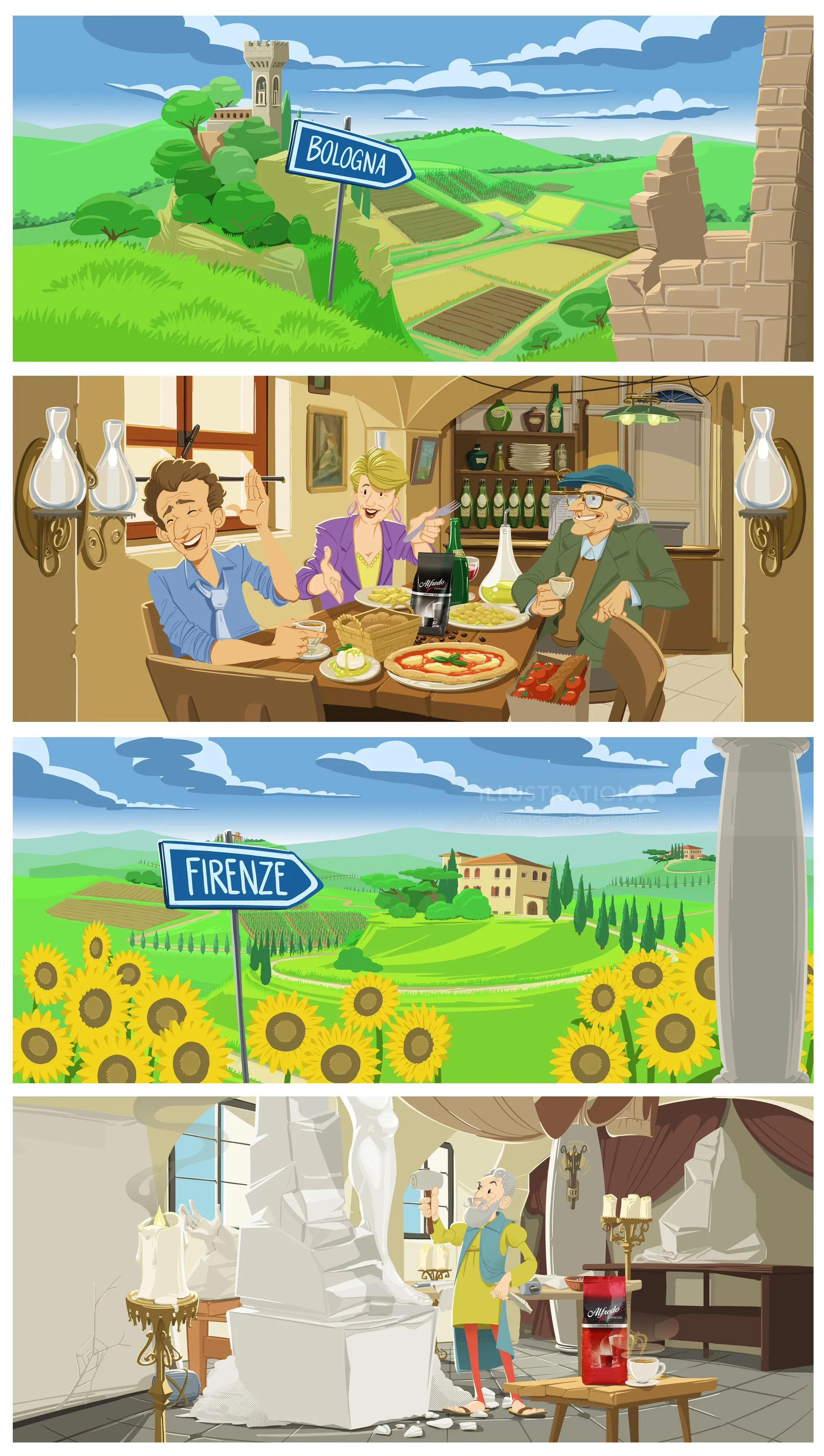 Illustrated Tuscan landscapes and people dining by Alexander Roncaldier